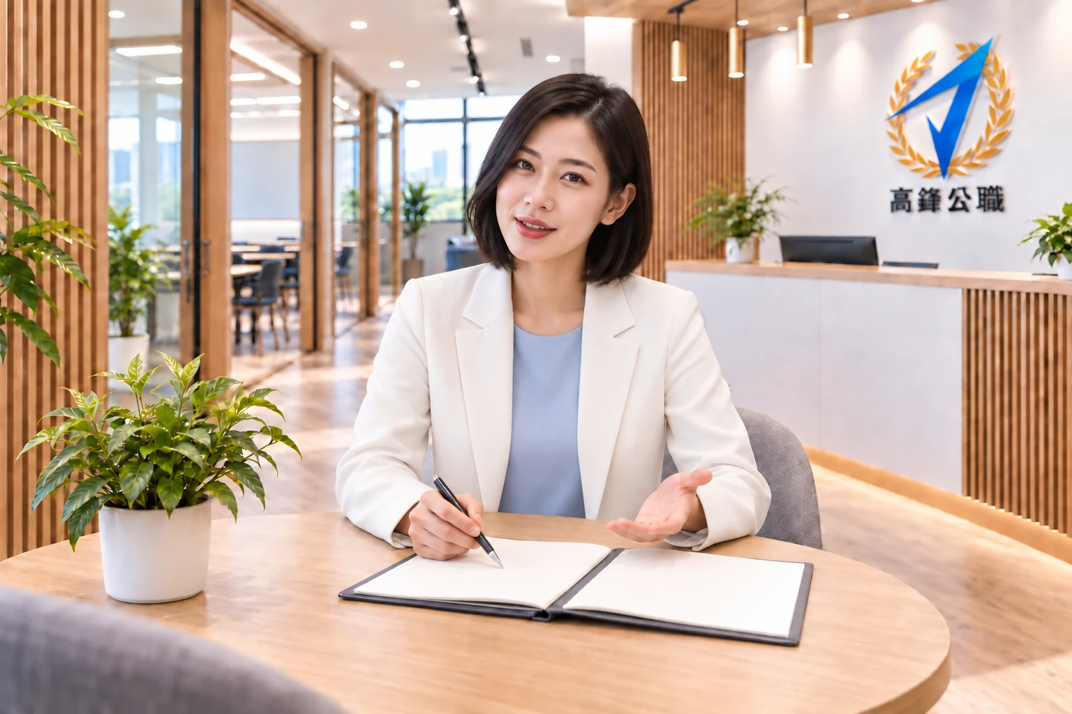 接待人員翻開資料，持筆認真介紹課程安排