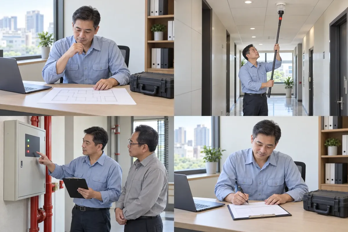 【116/2027】消防設備師士簡章公告 10 消防設備士工作情境示意:辦公室準備、現場檢修、設備查核及報告整理