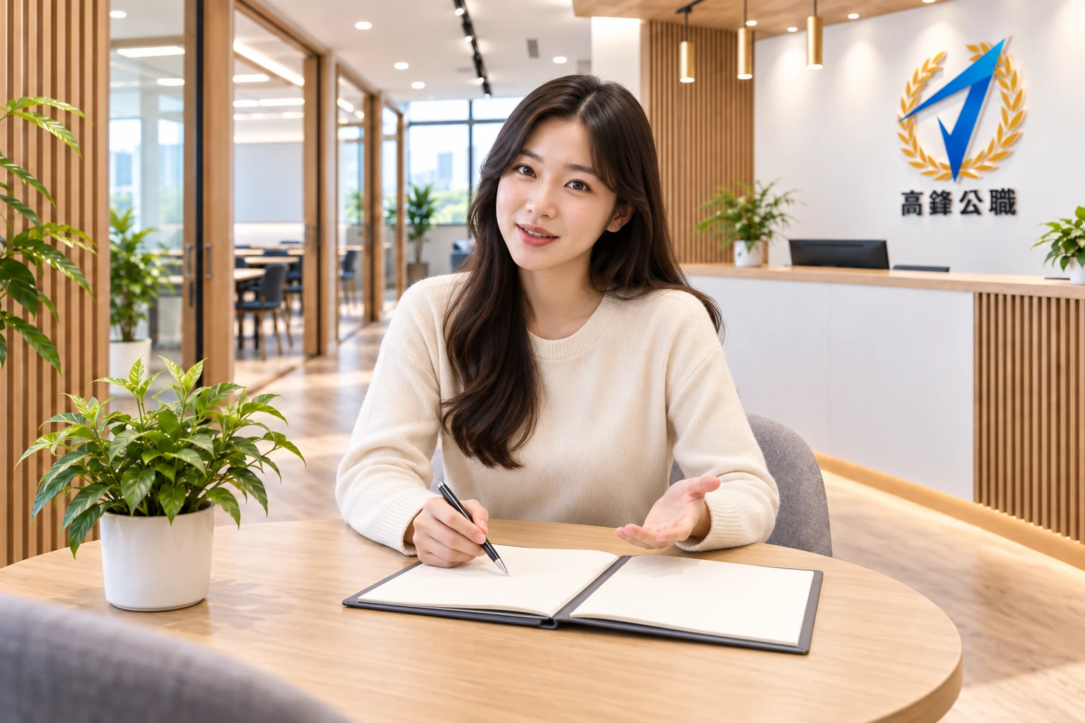 接待人員翻開資料，持筆認真介紹課程安排