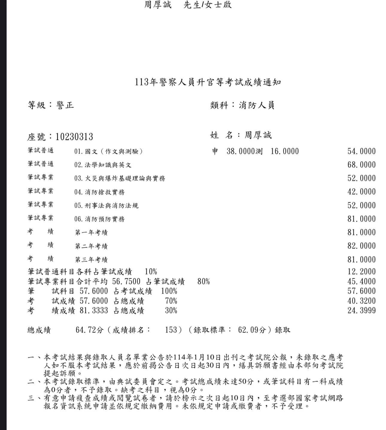 【113年消防警察升官等上榜心得】周厚誠考試準備與讀書方法 1 周厚誠 113年消防警察升官等成績單